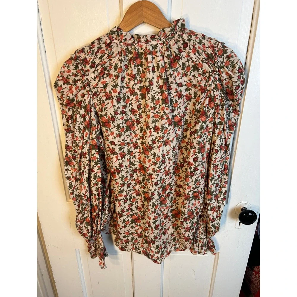 Free People Meant To Be Floral Roses Cotton Poet Blouse Statement Sleeves‎ Small